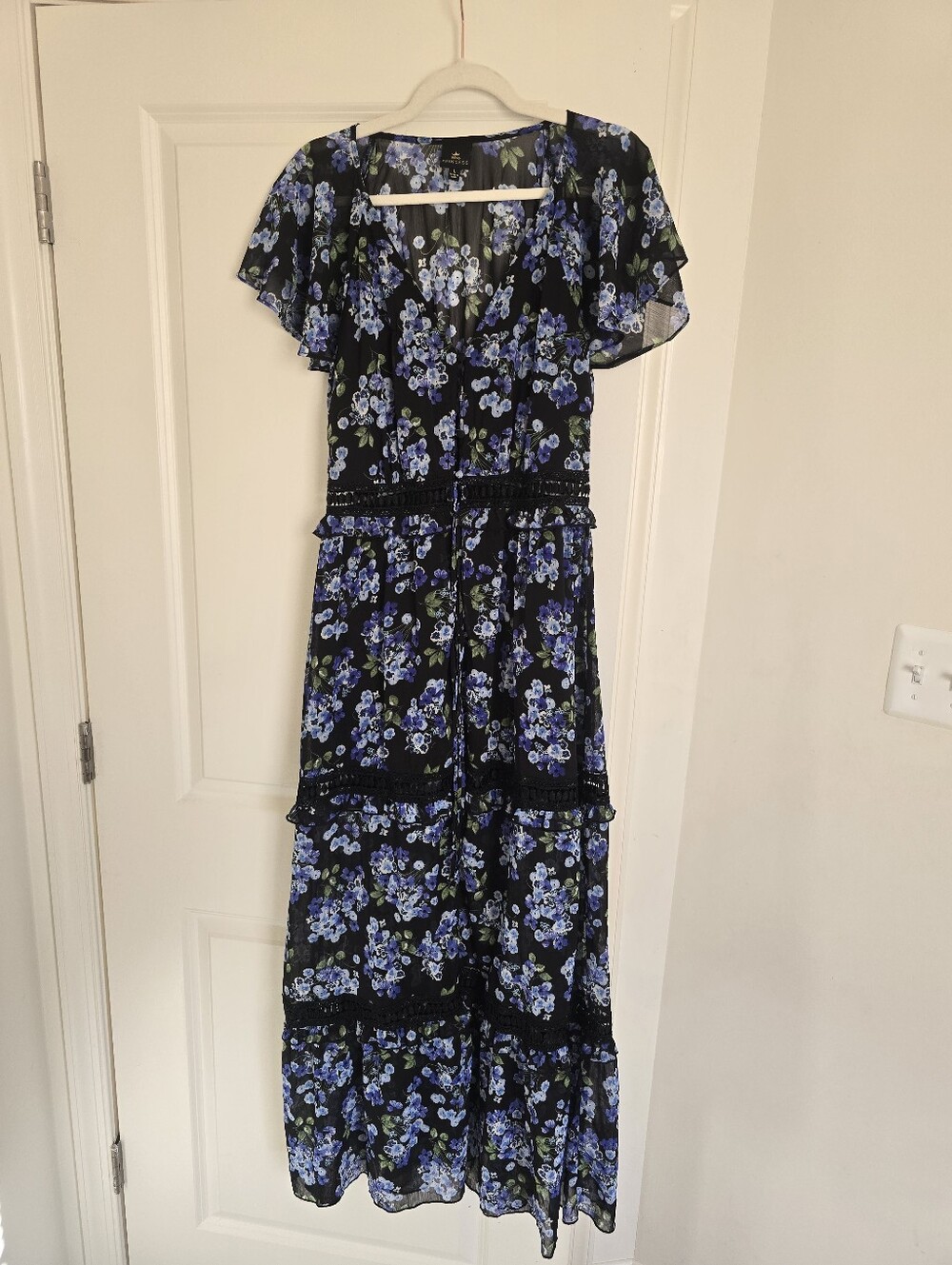 Disney Princess Floral Tiered Maxi Dress Black Blue Chiffon Lace Trim